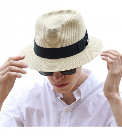 Fedoras Men's Straw Fedora Hats Short Brim Summer Trilby Sun Hat - Natural - CG18NZZLEDN $17.18