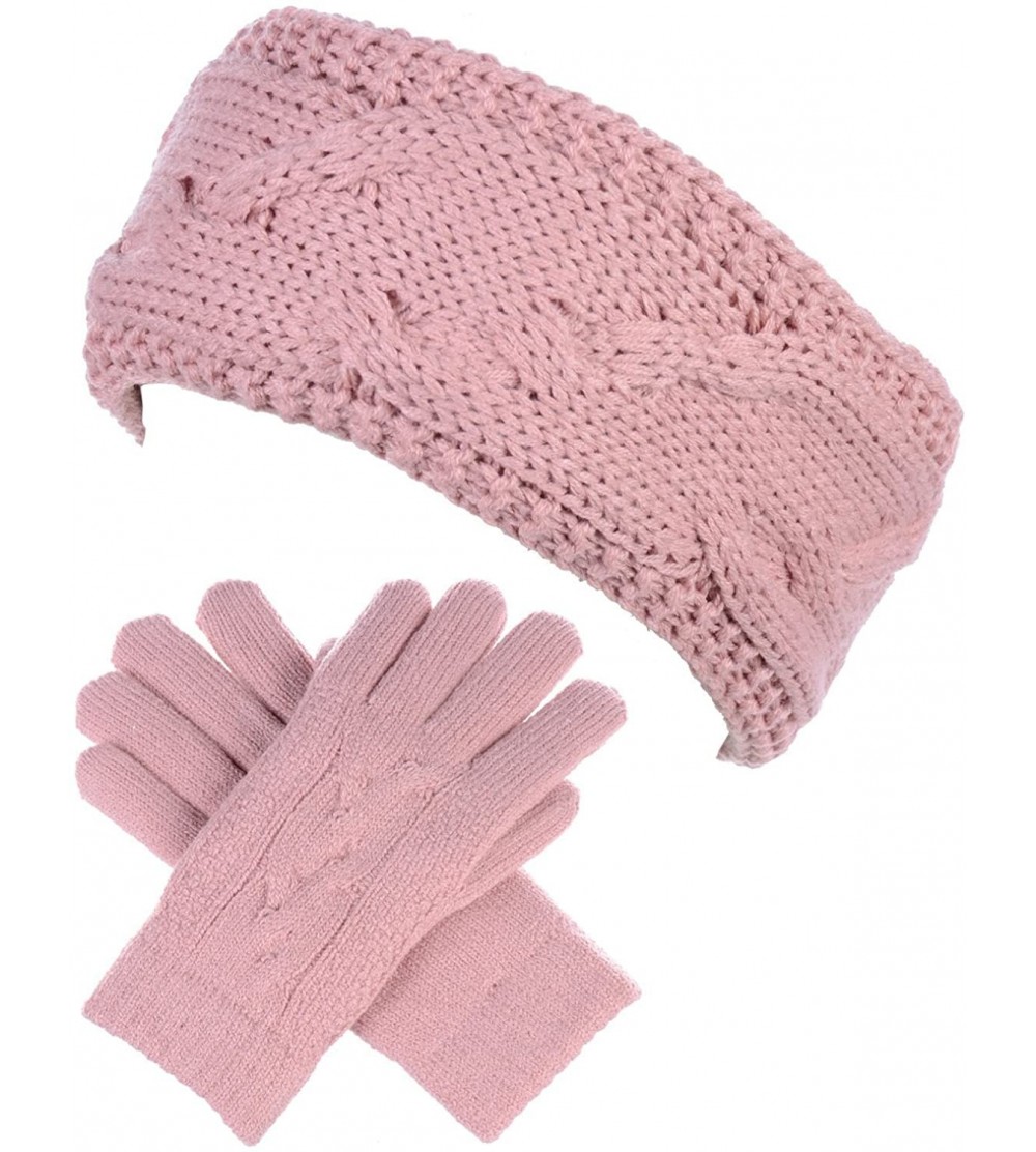 Headbands Womens Winter Cable Plush Warm Fleece Lined Knit Gloves & Headband 2 Pieces Set-Various Styles - CW18GA3KY0H $24.86