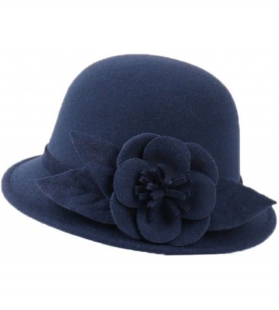 Bucket Hats Womens Flower Felt Cloche Bucket Hat Dress Winter Cap Fashion - Navy Blue - CS1880UG767 $37.18
