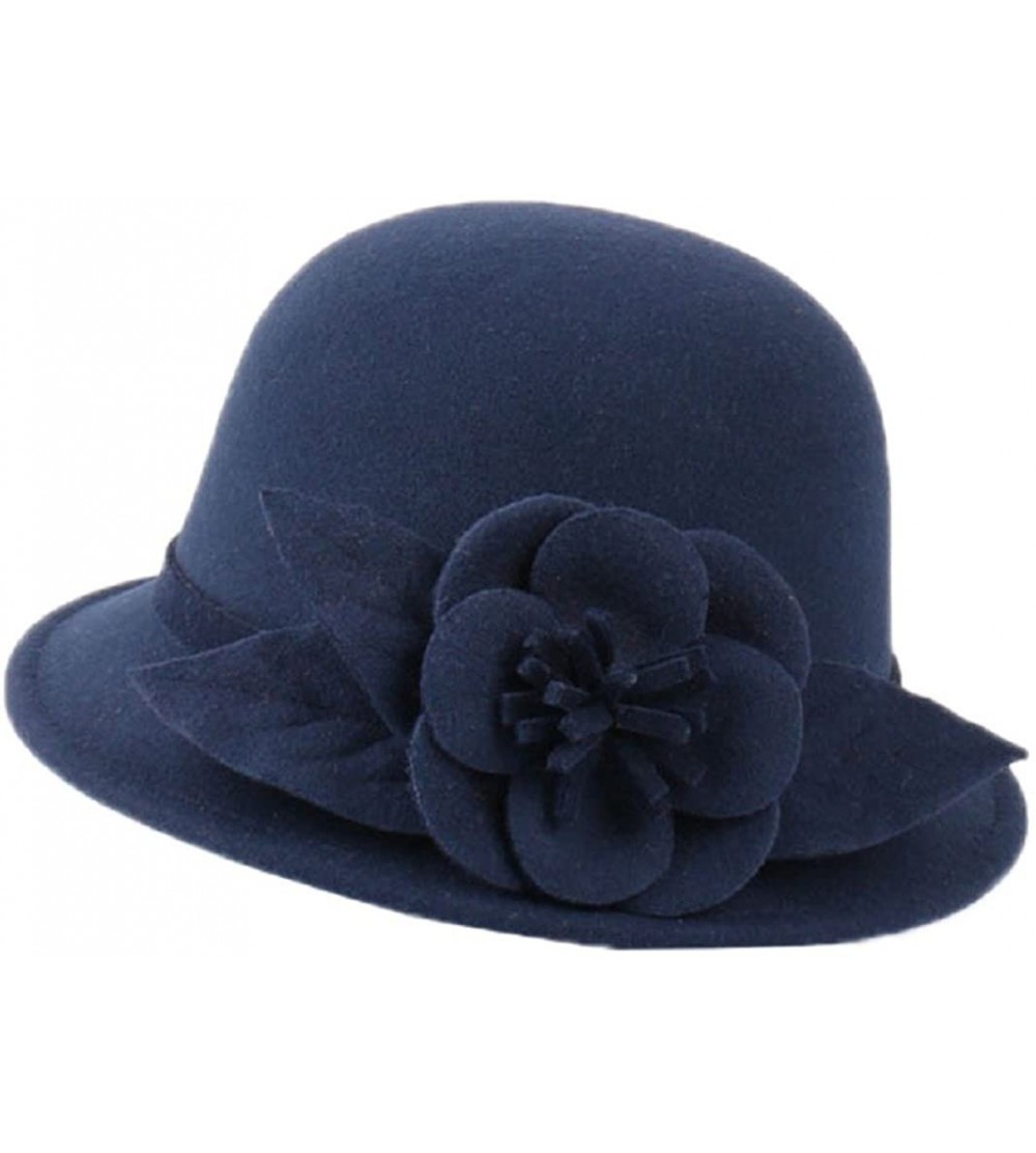 Bucket Hats Womens Flower Felt Cloche Bucket Hat Dress Winter Cap Fashion - Navy Blue - CS1880UG767 $14.21