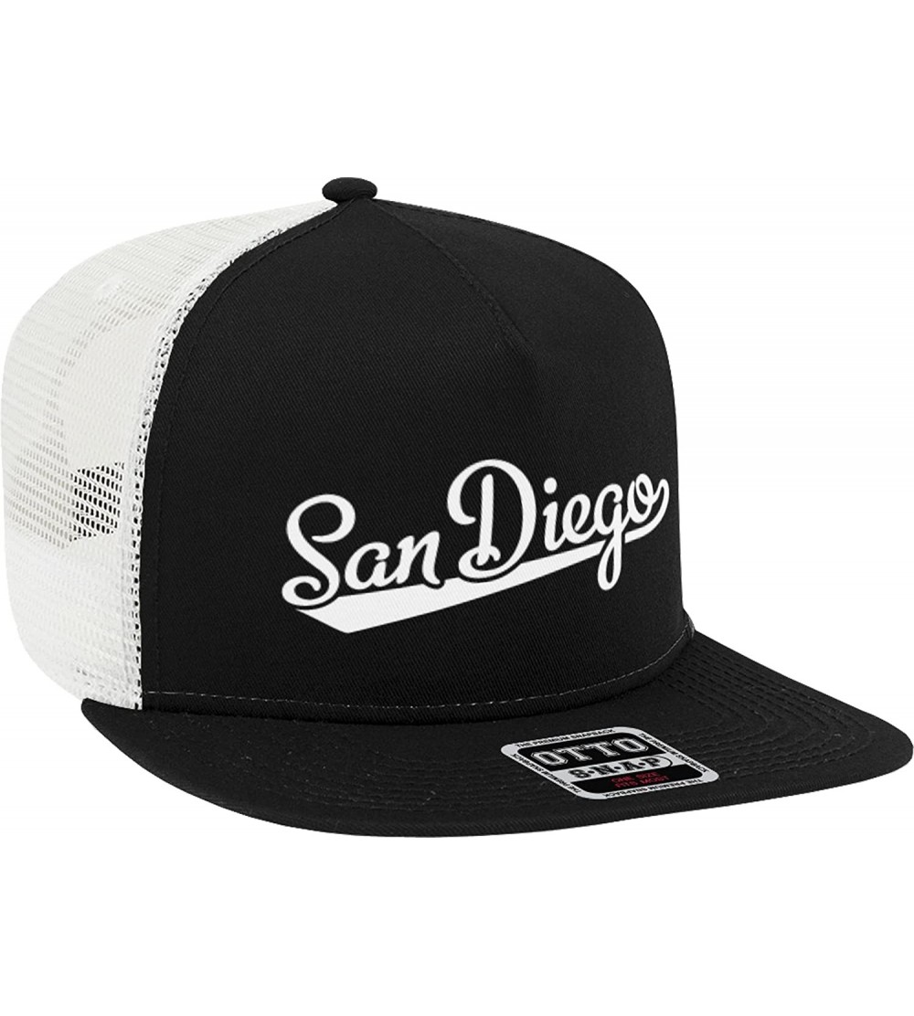 Baseball Caps San Diego Script Baseball Font Snapback Trucker Hat - Black/White - CO18CT2GO2K $9.14