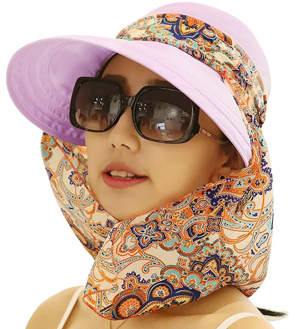 Sun Hats Women's UPF+50 Sun Visor Detachable Flap Hat Foldable Wide Brimmed UV Protection Hat - 02dull Pur - CJ18T5Q9S5M $15.58