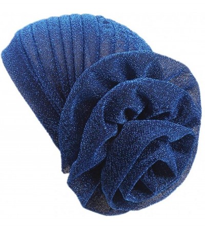 Skullies & Beanies Women Elastic Glitter Big Flower Turban Chemo Beanie Hair Loss Chemo Cap Hat - Blue - CS18LU7HSN2 $10.18