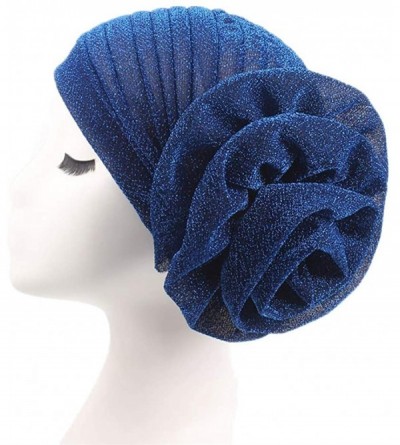Skullies & Beanies Women Elastic Glitter Big Flower Turban Chemo Beanie Hair Loss Chemo Cap Hat - Blue - CS18LU7HSN2 $10.18