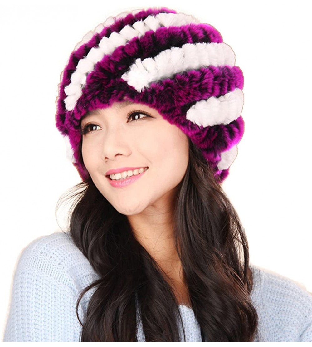 Skullies & Beanies Rex Rabbit Fur Knit Beanie Hats Multicolor - Purple & White - CF11M7ZO1V7 $18.38