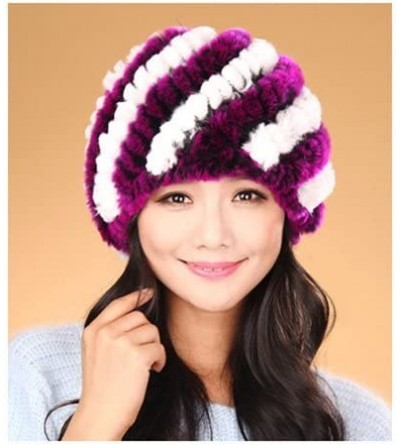 Skullies & Beanies Rex Rabbit Fur Knit Beanie Hats Multicolor - Purple & White - CF11M7ZO1V7 $18.38