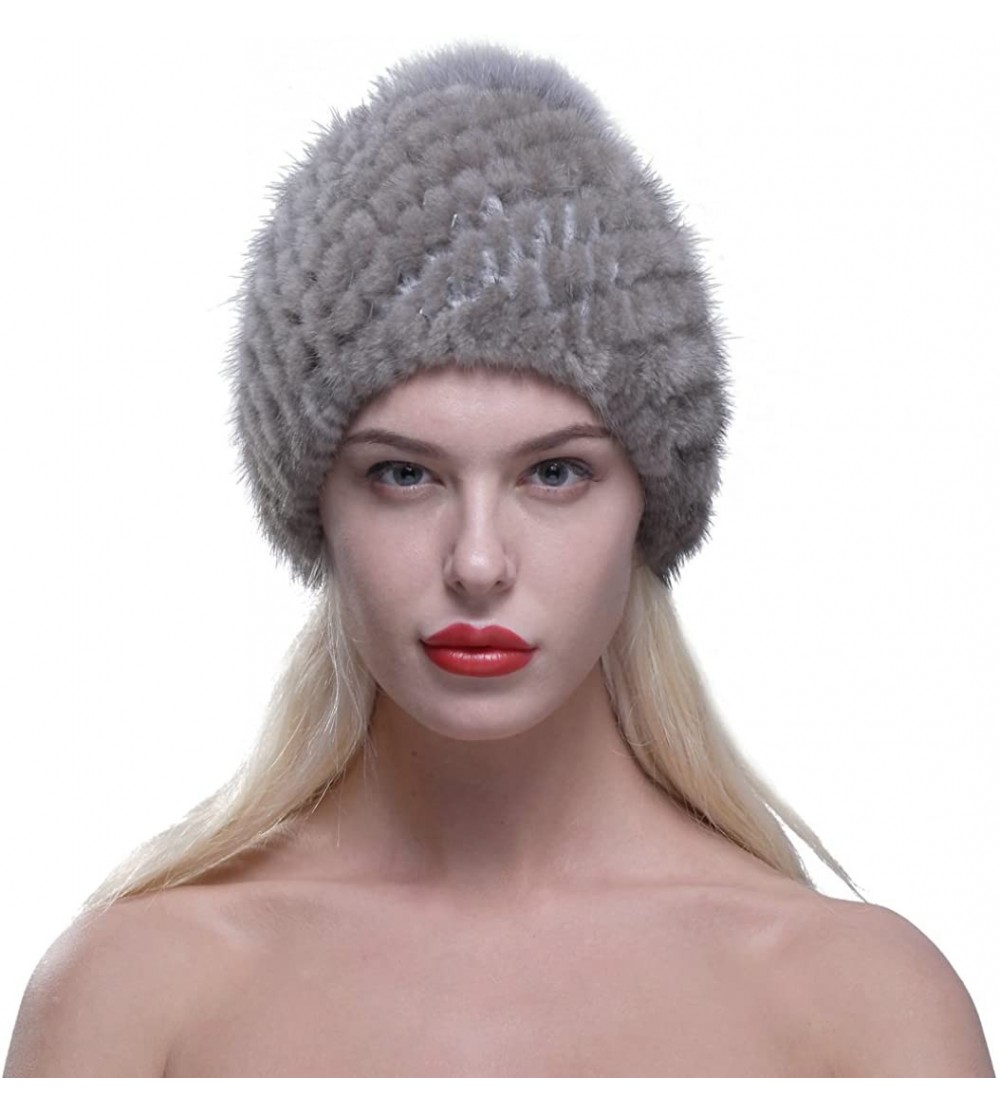 Skullies & Beanies Women Winter Hat Knit Mink Fur Beanie Cap with Fox Pom Pom Multicolor - Gray - CI12NEQEEM8 $28.99