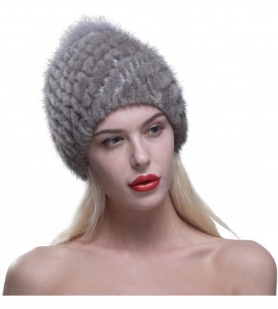 Skullies & Beanies Women Winter Hat Knit Mink Fur Beanie Cap with Fox Pom Pom Multicolor - Gray - CI12NEQEEM8 $28.99