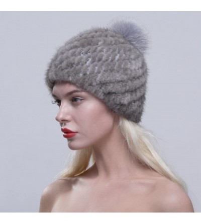 Skullies & Beanies Women Winter Hat Knit Mink Fur Beanie Cap with Fox Pom Pom Multicolor - Gray - CI12NEQEEM8 $28.99