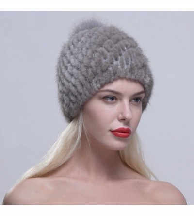 Skullies & Beanies Women Winter Hat Knit Mink Fur Beanie Cap with Fox Pom Pom Multicolor - Gray - CI12NEQEEM8 $28.99