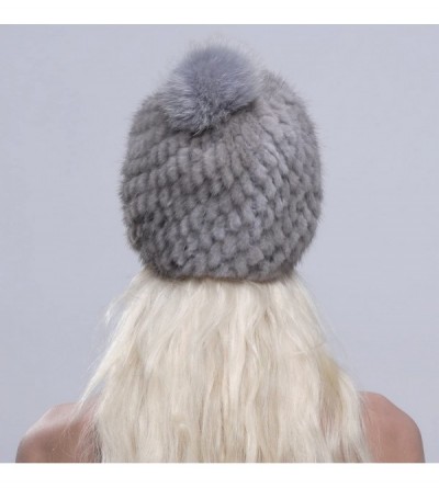 Skullies & Beanies Women Winter Hat Knit Mink Fur Beanie Cap with Fox Pom Pom Multicolor - Gray - CI12NEQEEM8 $28.99