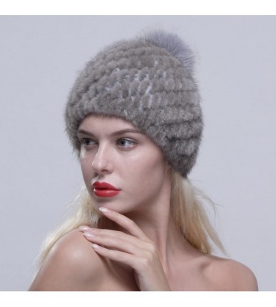 Skullies & Beanies Women Winter Hat Knit Mink Fur Beanie Cap with Fox Pom Pom Multicolor - Gray - CI12NEQEEM8 $28.99