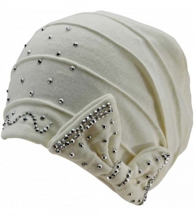 Skullies & Beanies White Jersey Knit Slouchy Beanie Hat with Rhinestone Bow - CK11P33LLVX $15.21