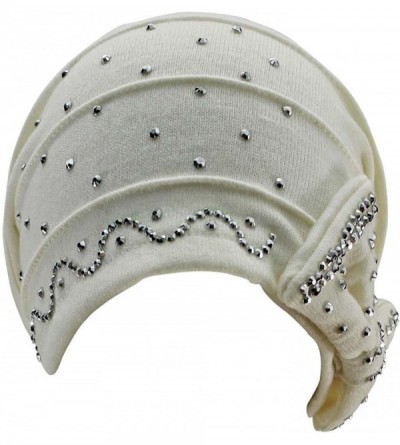 Skullies & Beanies White Jersey Knit Slouchy Beanie Hat with Rhinestone Bow - CK11P33LLVX $15.21