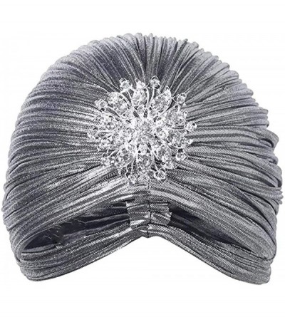 Skullies & Beanies Women's Ruffle Turban Hat Glitter Pleated Stretch Head Wraps Chemo Cap with Detachable Crystal Brooch - Gr...