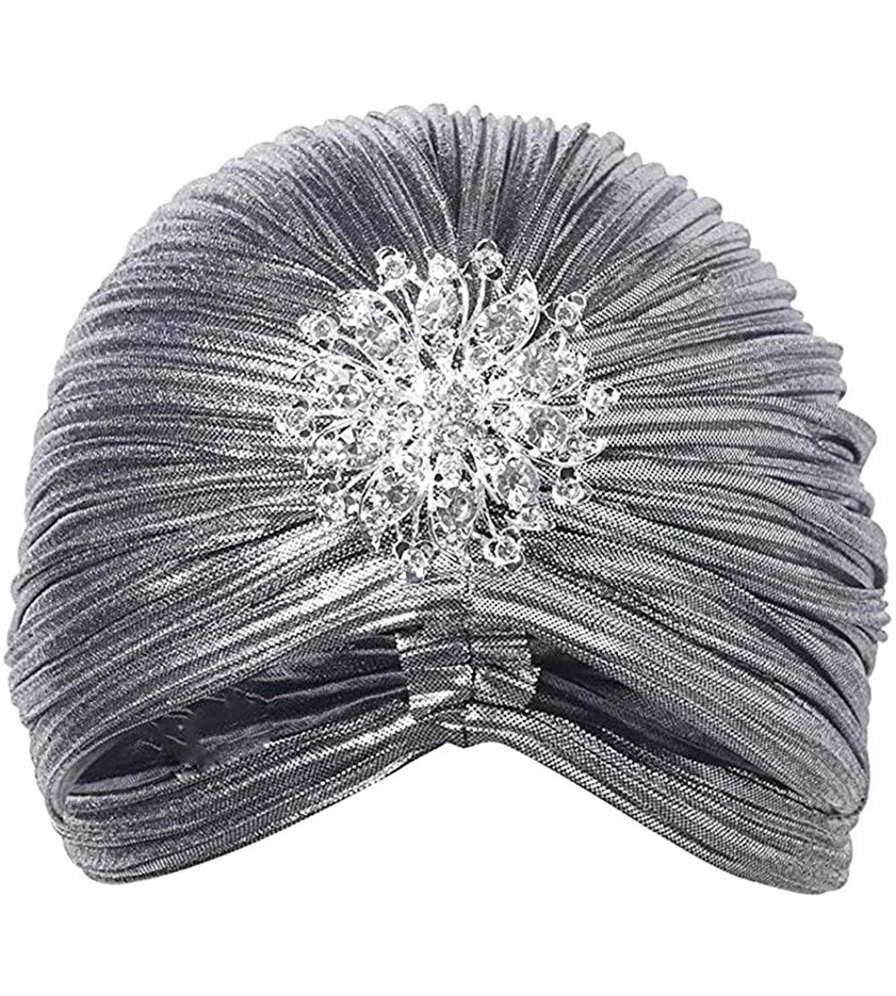 Skullies & Beanies Women's Ruffle Turban Hat Glitter Pleated Stretch Head Wraps Chemo Cap with Detachable Crystal Brooch - Gr...