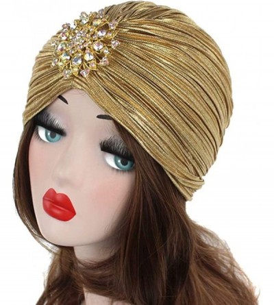 Skullies & Beanies Women's Ruffle Turban Hat Glitter Pleated Stretch Head Wraps Chemo Cap with Detachable Crystal Brooch - Gr...