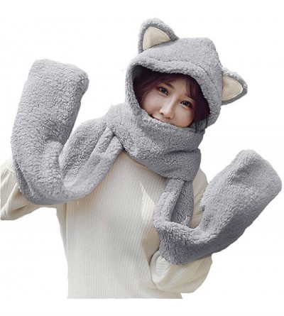 Cold Weather Headbands Women Girls Cute Panda Animal Winter Hats 3 in 1 Warm Plush Hoodie Cap Paw Gloves Mitten Scarf Set - G...