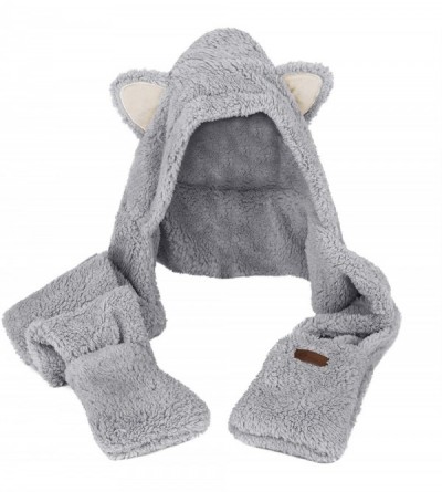 Cold Weather Headbands Women Girls Cute Panda Animal Winter Hats 3 in 1 Warm Plush Hoodie Cap Paw Gloves Mitten Scarf Set - G...