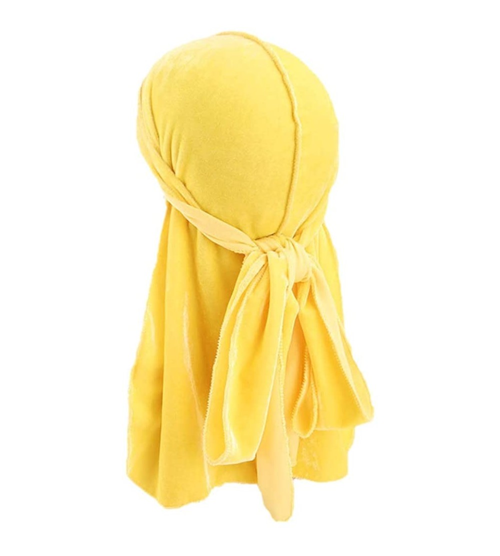 Skullies & Beanies Velvet Men's Women's Du-Rag-Premium Quality-Wave Cap-Durag Headwrap 360 Waves Long Straps - Yellow - C718L...