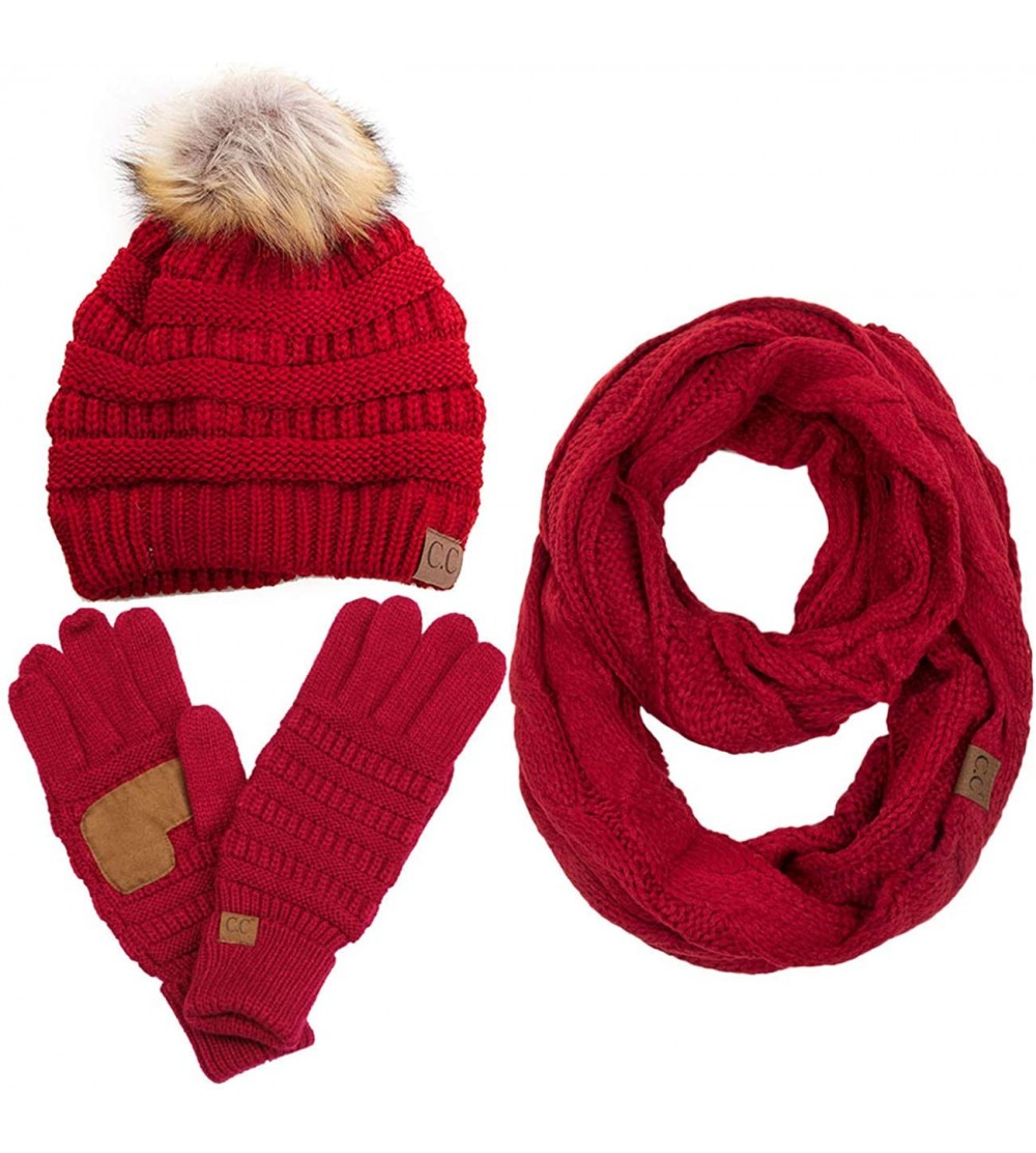 Skullies & Beanies 3pc Set Trendy Warm Chunky Soft Stretch Cable Knit Pom Pom Beanie- Scarves and Gloves Set - Red - C218KMYQ...