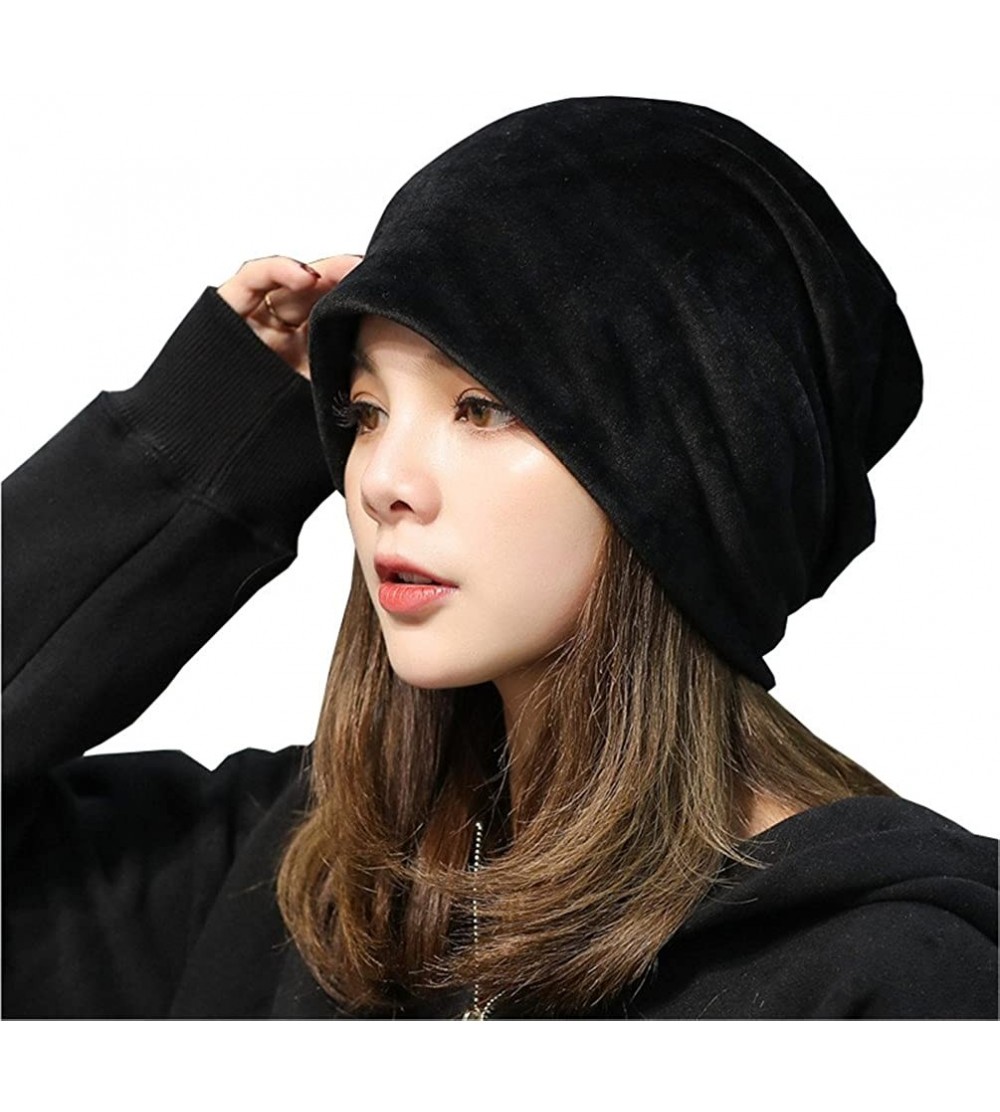 Skullies & Beanies Women's Velvet Beanies Winter Korean Fashion Hats Cap Warm Stretch Skully - Black - CS186Q8XHUN $14.17