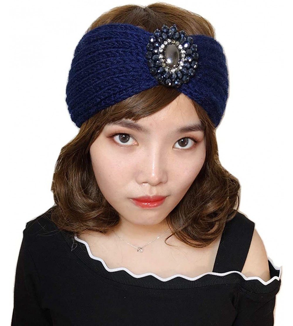 Headbands Retro Bohemian Beads Cable Knitted Winter Turban Ear Warmer Headband - Navy Blue - CN189MW3XG2 $7.80