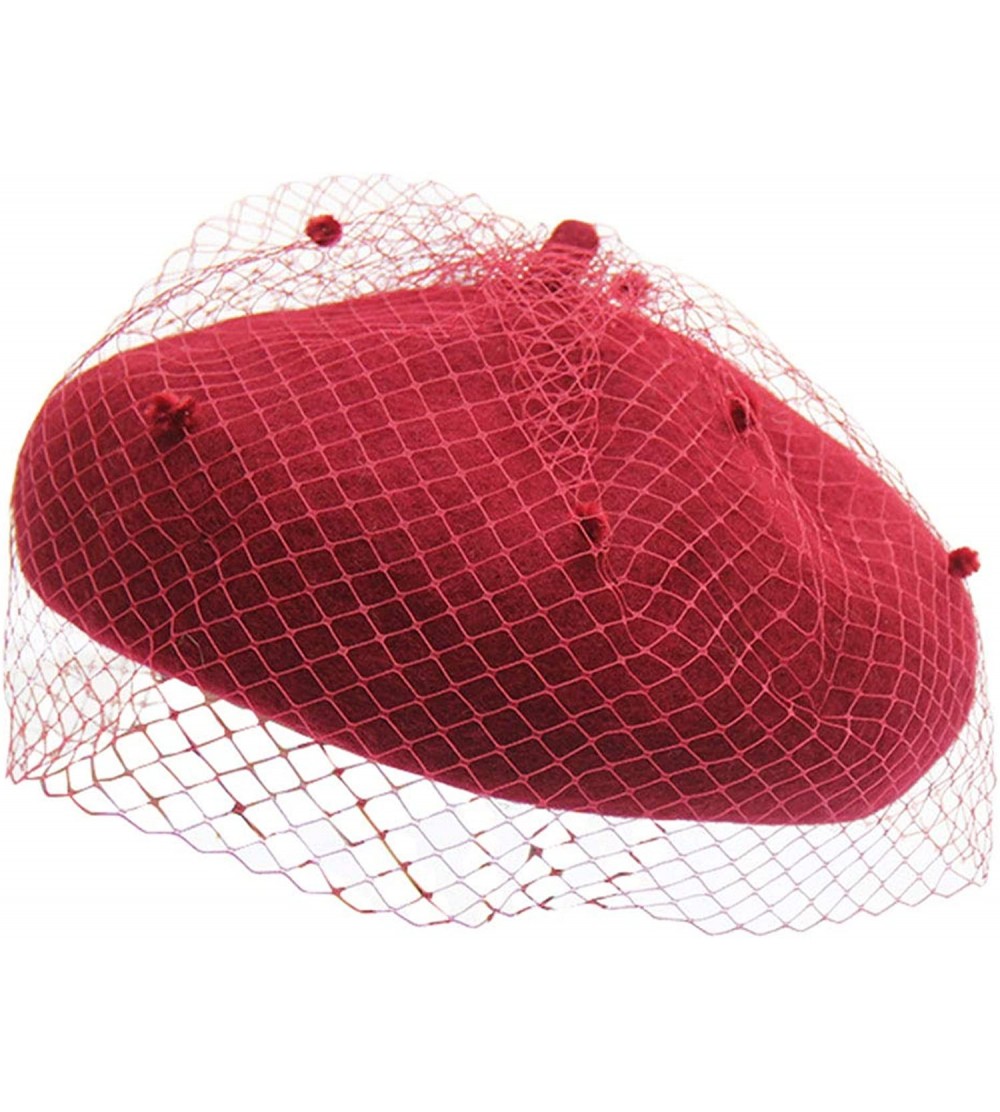 Berets Beret Hat Vintage Hepburn Mesh Wool French Style for Women Ladies - Wine - C218L85ZTY9 $15.06