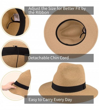 Sun Hats Womens Straw Panama Hat- Wide Brim Beach Sun Hats Summer Foldable Travel Sunhat UPF50 - 1-b-khaki-fk - C918QMQGNZY $...