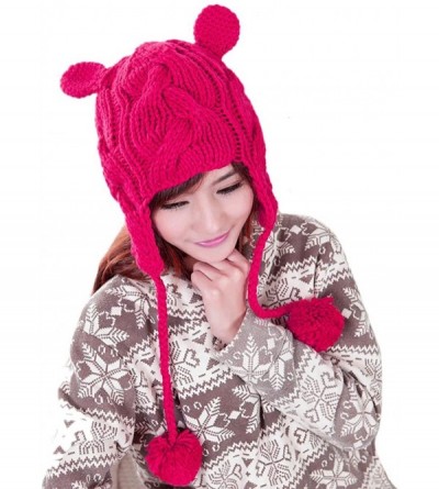 Skullies & Beanies Knit Cat Ear Beanie Pussycat Hat Women's March Hanging Pompoms Cap - Rose - CV188TUOKY8 $13.98