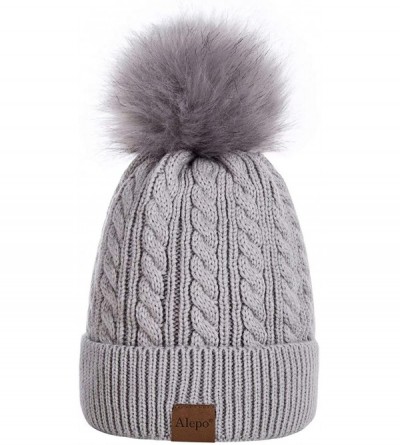 Skullies & Beanies Womens Winter Beanie Hat- Warm Fleece Lined Knitted Soft Ski Cuff Cap with Pom Pom - Soft Gray - CD18X6TKI...