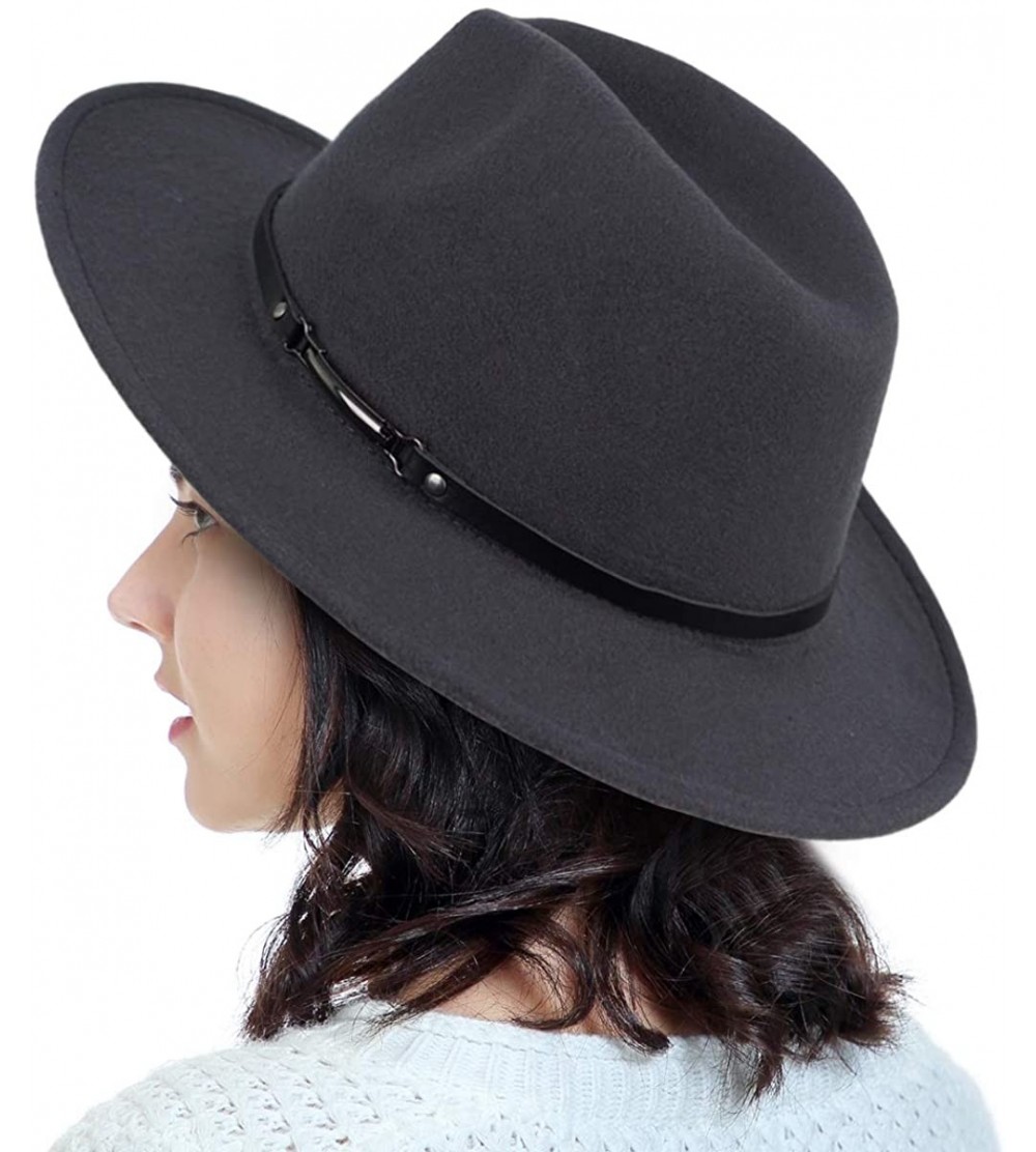Fedoras Men & Women Classic Wide Brim Fedora Hat with Belt Buckle Wool Felt Panama Fedora M/L - A-dark Grey - C518A5WT7L3 $32.46