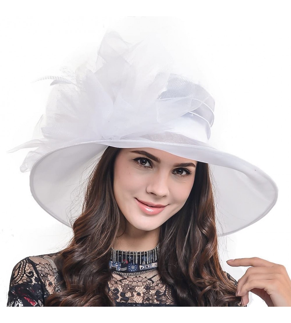 Sun Hats Ladies Kentucky Derby Church Hat Wide Brim Leaf Flower Bridal Dress Hat s037 - Sheer-white1 - CG18RO6O9A6 $24.79