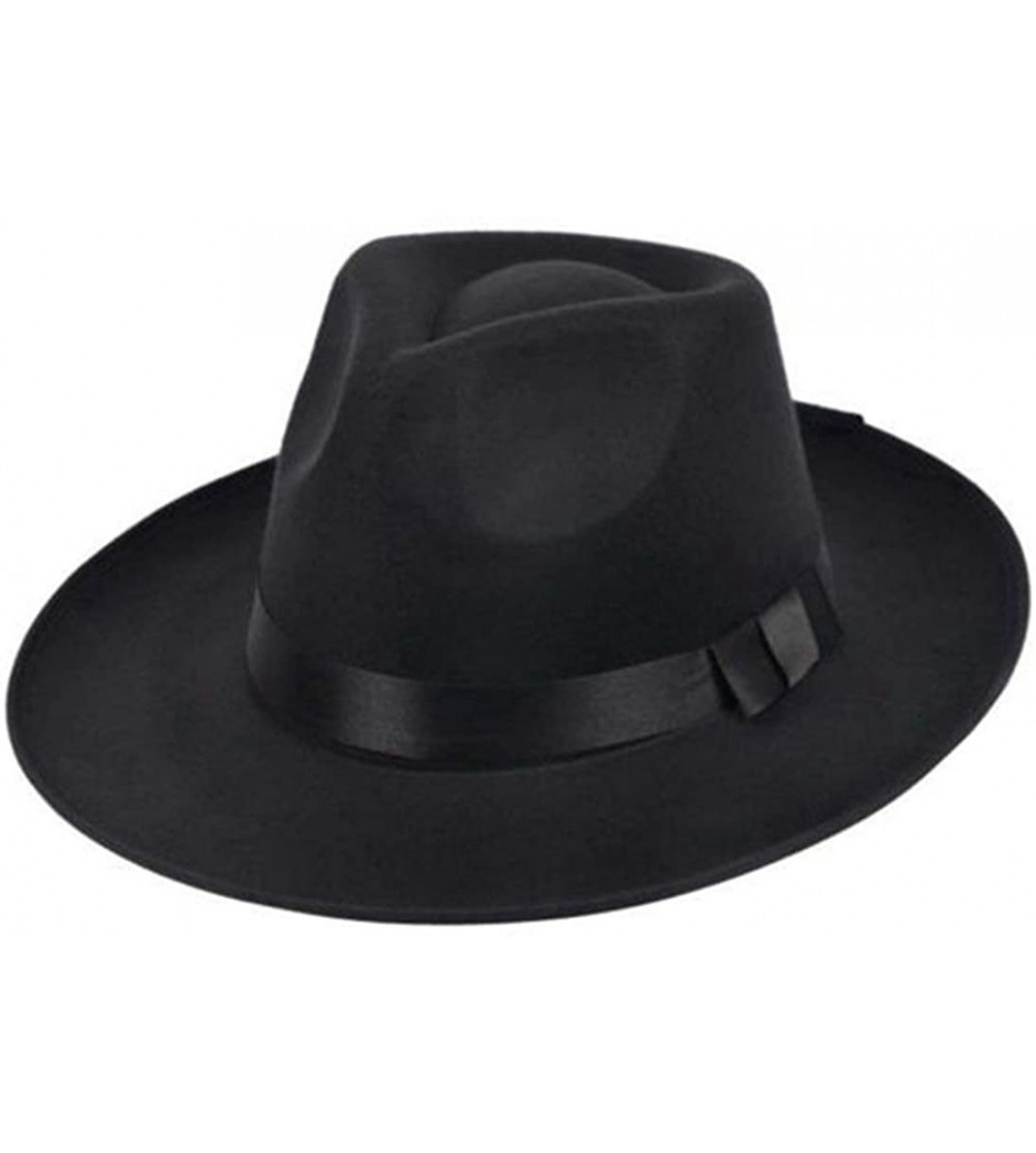 Fedoras Wool Felt Fedora Hats for Men Classic Wide Brim Jazz Cap Trilby Hat with Black Bowknot Band - Black - CN18R42OQRR $31.50
