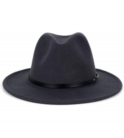 Fedoras Men & Women Classic Wide Brim Fedora Hat with Belt Buckle Wool Felt Panama Fedora M/L - A-dark Grey - C518A5WT7L3 $19.12