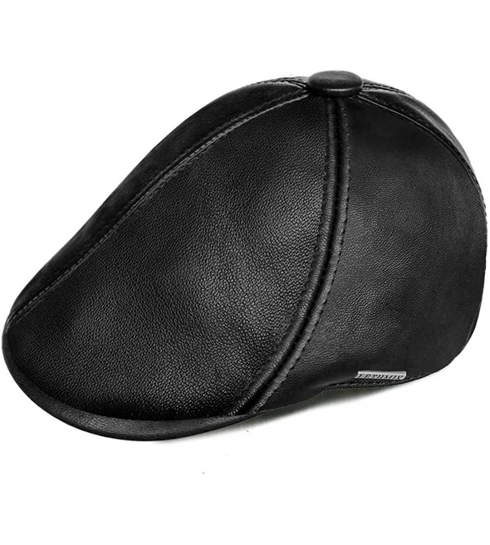 Newsboy Caps Genuine Lambskin Newsboy Cap Cabbie Ivy Hat Irish Driving Flat Cap - Black - CY12M7ZCT3N $31.74