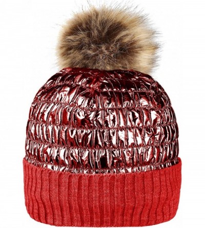 Skullies & Beanies Winter Knit Hats for Women Thick Pom Pom Metallic Shiny Beanies Ski Cap - Burgundy - CC18ACHI9R7 $11.14