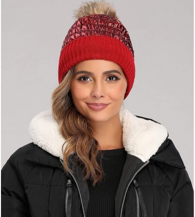 Skullies & Beanies Winter Knit Hats for Women Thick Pom Pom Metallic Shiny Beanies Ski Cap - Burgundy - CC18ACHI9R7 $11.14