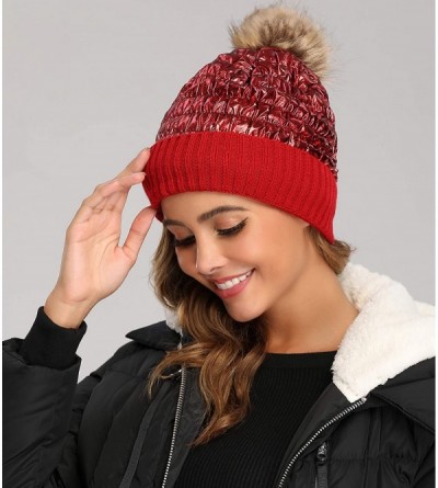 Skullies & Beanies Winter Knit Hats for Women Thick Pom Pom Metallic Shiny Beanies Ski Cap - Burgundy - CC18ACHI9R7 $11.14