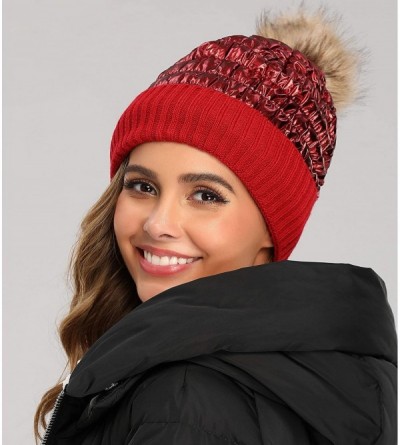 Skullies & Beanies Winter Knit Hats for Women Thick Pom Pom Metallic Shiny Beanies Ski Cap - Burgundy - CC18ACHI9R7 $11.14