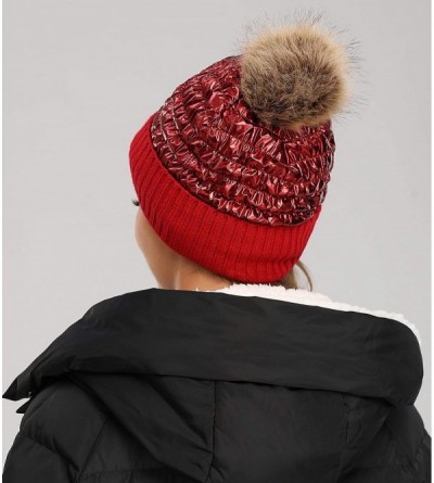 Skullies & Beanies Winter Knit Hats for Women Thick Pom Pom Metallic Shiny Beanies Ski Cap - Burgundy - CC18ACHI9R7 $11.14