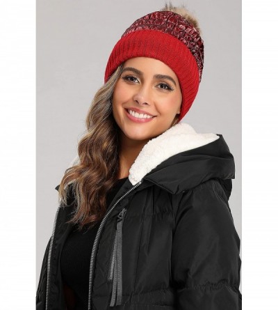 Skullies & Beanies Winter Knit Hats for Women Thick Pom Pom Metallic Shiny Beanies Ski Cap - Burgundy - CC18ACHI9R7 $11.14