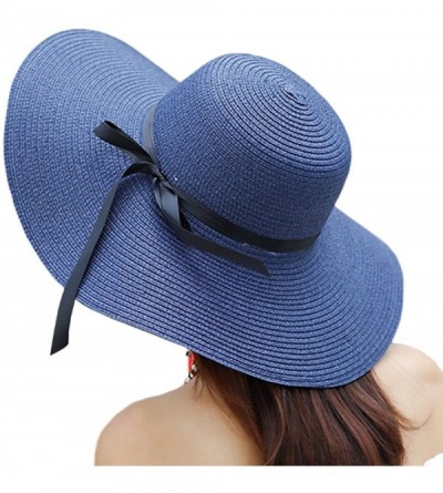 Sun Hats Women's Big Brim Sun Hat Floppy Foldable Bowknot Straw Hat Summer Beach Hat UPF 50+ - A-blue - CH18DHELCZQ $21.47