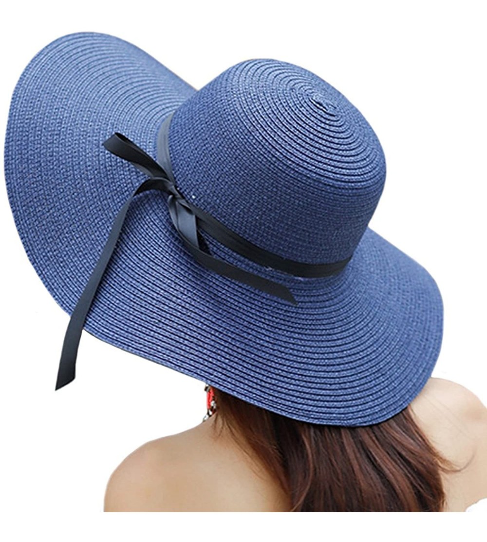 Sun Hats Women's Big Brim Sun Hat Floppy Foldable Bowknot Straw Hat Summer Beach Hat UPF 50+ - A-blue - CH18DHELCZQ $10.74