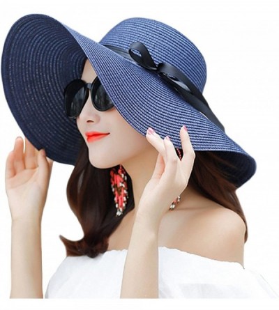 Sun Hats Women's Big Brim Sun Hat Floppy Foldable Bowknot Straw Hat Summer Beach Hat UPF 50+ - A-blue - CH18DHELCZQ $10.74