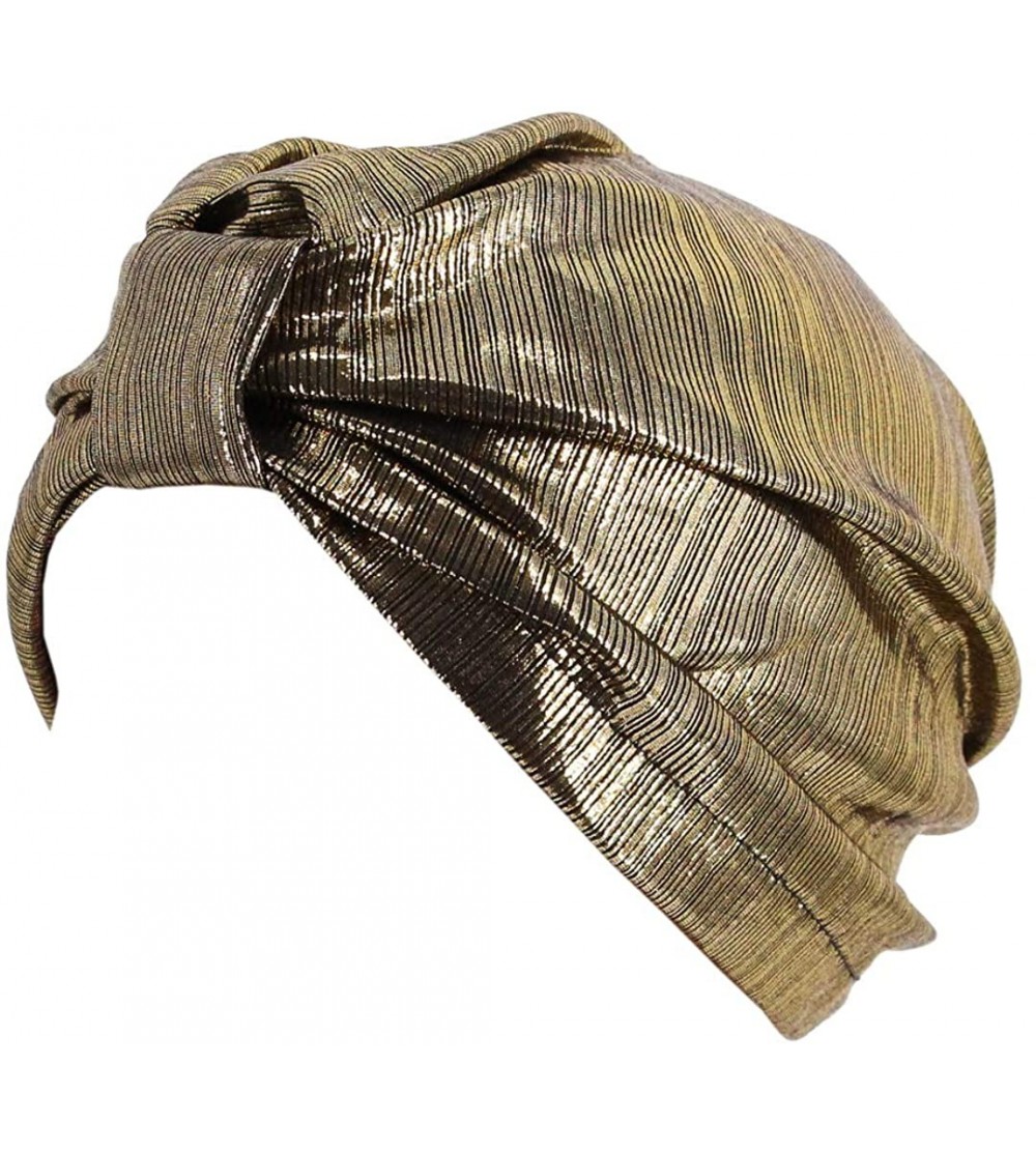 Skullies & Beanies Shiny Metallic Turban Cap Indian Pleated Headwrap Swami Hat Chemo Cap for Women - Gold Knot - CE18DXSNIHC ...