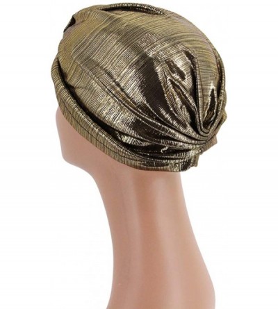 Skullies & Beanies Shiny Metallic Turban Cap Indian Pleated Headwrap Swami Hat Chemo Cap for Women - Gold Knot - CE18DXSNIHC ...