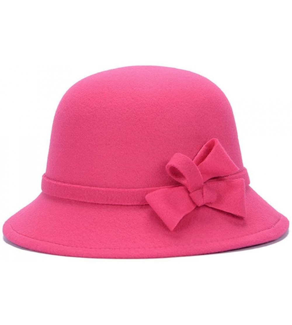 Fedoras Women Girls Fashion Autumn Winter Bowknot Bowler Hat Top Hat Felt Cap - Rose Red - CK188AU2COC $10.93