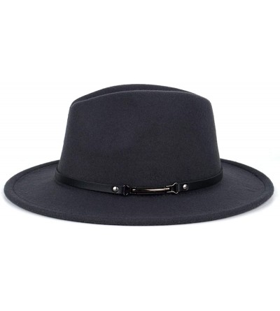 Fedoras Men & Women Classic Wide Brim Fedora Hat with Belt Buckle Wool Felt Panama Fedora M/L - A-dark Grey - C518A5WT7L3 $19.12