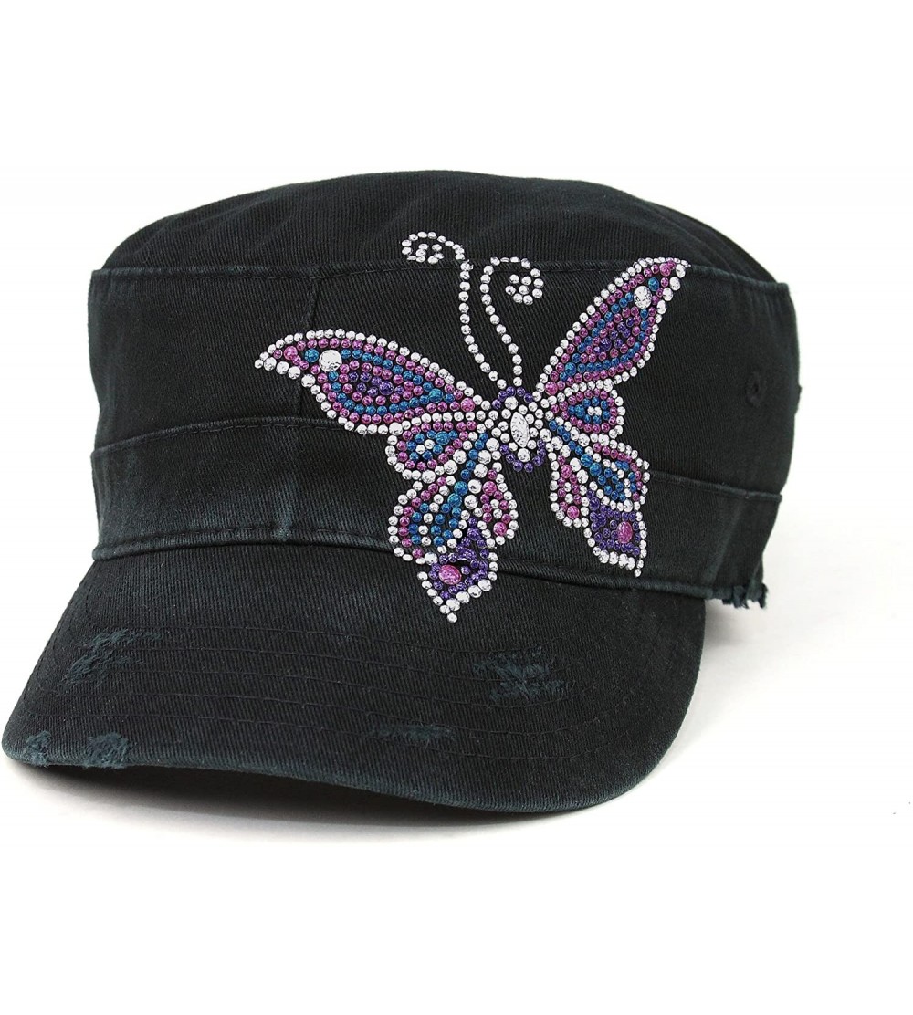 Baseball Caps Women's Rhinestone Washed Army Cap - Black - C311B3A7U91 $9.29